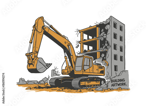 Demolition site excavator.Heavy machinery destroying building.Retro vector wrecking crew.Construction equipment graphic.Hand drawn demolition job