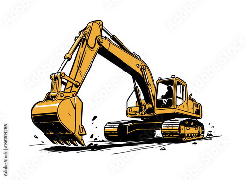 Yellow Excavator Vector.Construction Digger Art.Heavy Equipment Illustration.Retro Shovel Machine.Industrial Vehicle Graphic