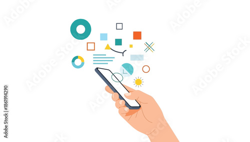 Hand holding smartphone radiating colorful digital data and analytics icons, symbolizing modern technology and information flow.