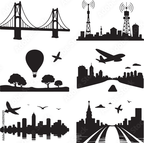 black silhouettes of city landmarks and transportation  travel and infrastructure icons