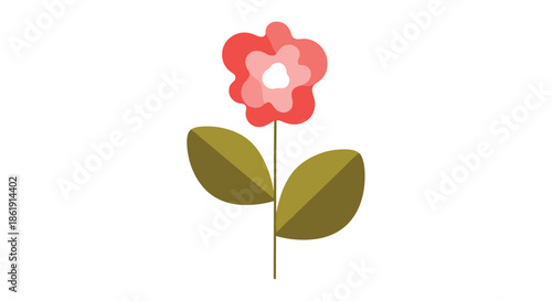 A simple and stylized abstract flower illustration with layered wavy red petals and olive green leaves isolated on a white background.