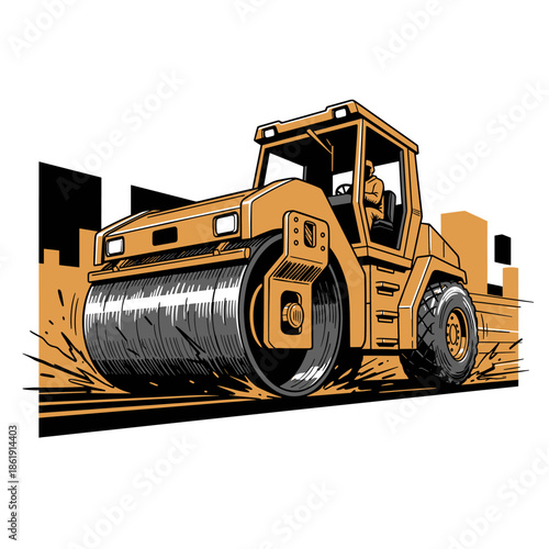 Construction Road Roller Art.Retro Compactor Vector.Steamroller Heavy Vehicle.Pavement Work T-shirt Print.Industrial Equipment Graphic