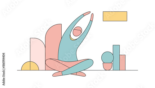 Person performing yoga pose surrounded by pastel geometric shapes, embodying tranquility and inner peace