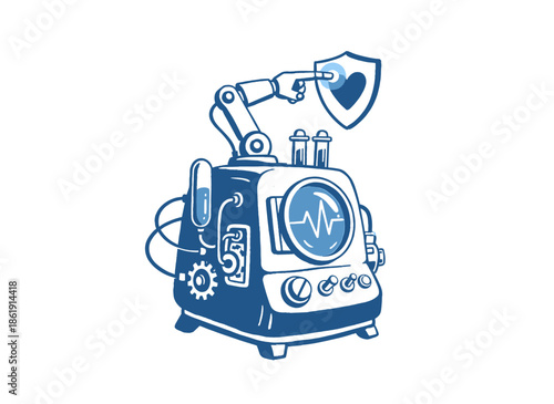 Health Tech Monitor Illustration.Medical Security Machine Icon.Retro Cardiac Care Device.Robot Arm Heart Protection.Vintage Health Tech Logo