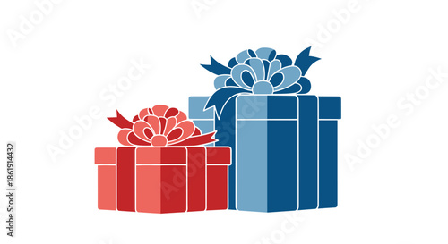 A simple flat illustration of two colorful gift boxes a small red one and a larger blue one with decorative bows on a white background.