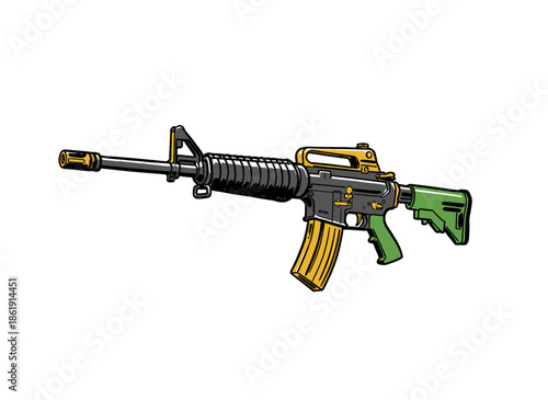 Pop Art Style Assault Rifle.Colorful Tactical Weapon Vector.Cartoon Carbine Illustration.Modern Firearm Sticker Design.Military Gun Pop Culture Art