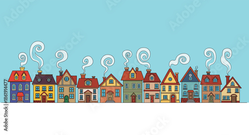 A charming and detailed cartoon cityscape with a long row of colorful European-style houses on a blue background creating a cozy neighborhood scene.