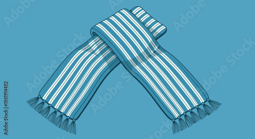 A stylish illustration of a cozy blue and white striped winter scarf with fringe tied in a knot and displayed on a matching blue background.