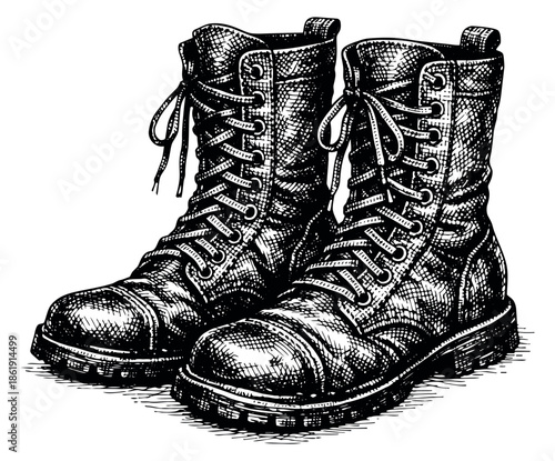 Hand drawn line art illustration of combat boots depicting rugged footwear for fashion and outdoor themes