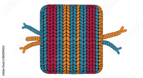 A vibrant and cozy illustration of a colorful knitted patch with vertical stripes and loose yarn threads on the sides on a white background.