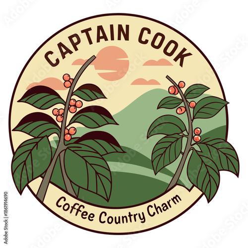 Captain Cook Coffee Country Sunset Circular Badge Vector