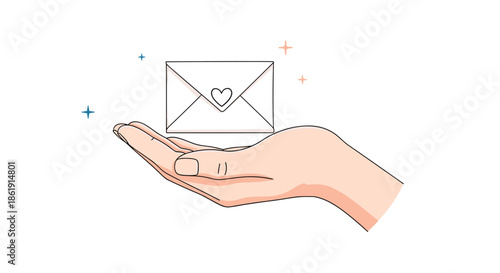 A delicate illustration of a hand presenting a small sparkling love letter envelope with a heart seal representing a special message on white.
