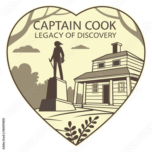 Captain Cook Statue and Historic House Heart Badge Vector