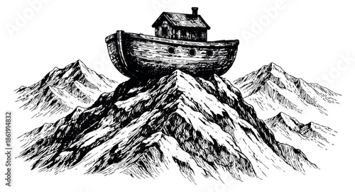 Hand drawn line art illustration of Noah's ark on a mountain depicting a biblical flood story for a religious or survival theme