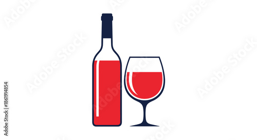 A simple and modern flat design icon of a red wine bottle and a matching glass perfect for a bar menu or winery logo on a white background.