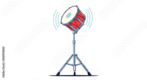 A vibrant cartoon illustration of a red snare drum on a stand with sound waves indicating a beat for music and band-related concepts on white.