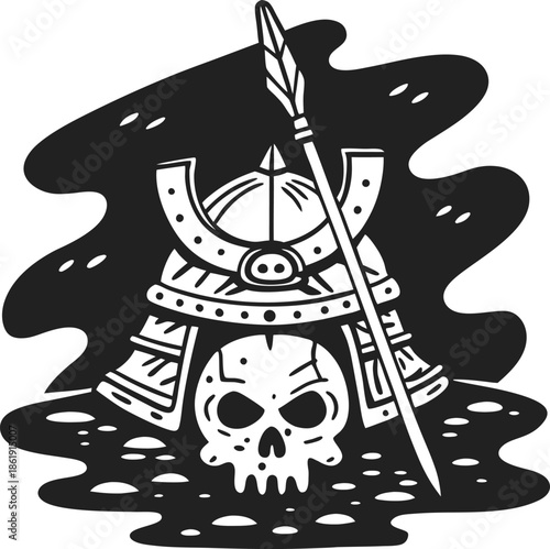 Skull with samurai helmet and spear illustration warrior death symbol, ancient armor, fierce and dark design concept