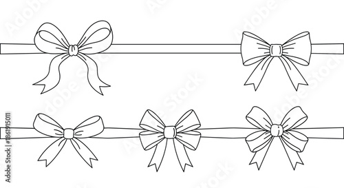 A collection of five different hand-drawn ribbon bows in a simple black and white outline style for decorating gifts on a white background.