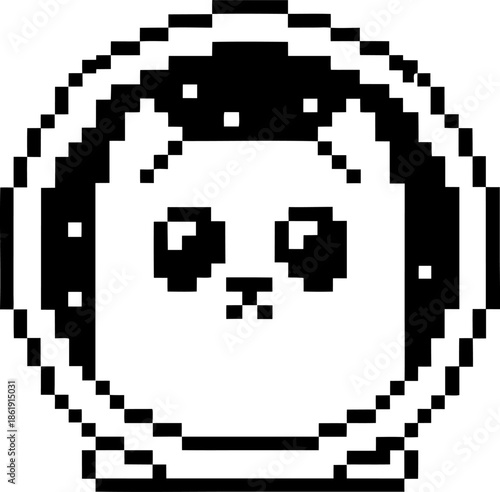 Pixel art panda face inside a circular frame, black and white retro computer graphic for gaming or digital design