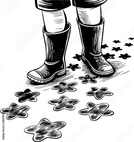 Child in rain boots standing near flower shaped footprints on a path, playful outdoor exploration concept