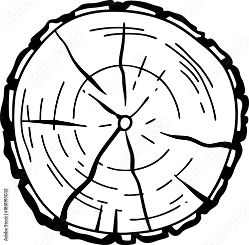 Cross section of tree trunk with growth rings and cracks natural wood texture, tree age and nature concept illustration
