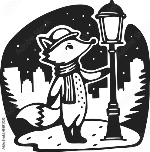 Stylized fox wearing a scarf and hat, standing by lamp post in a snowy nighttime cityscape