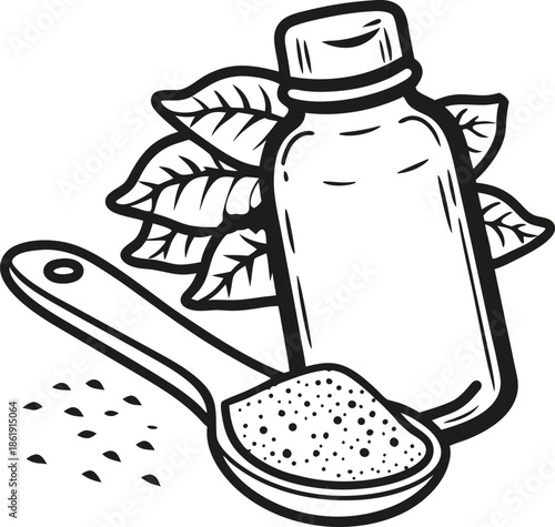 Black pepper jar and wooden spoon with ground pepper and peppercorn leaves illustration