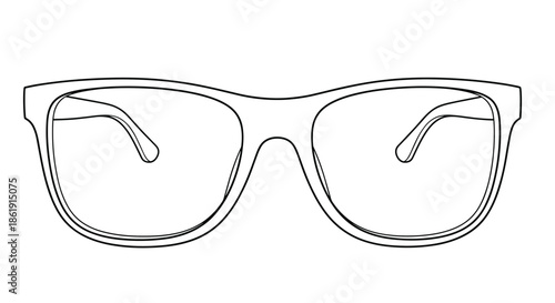 A simple black and white line art illustration of a pair of classic thick-framed eyeglasses or sunglasses for a minimalist design on a white background.