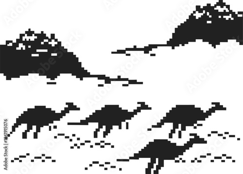 Minimalist pixel art of a desert caravan with camels and distant mountains