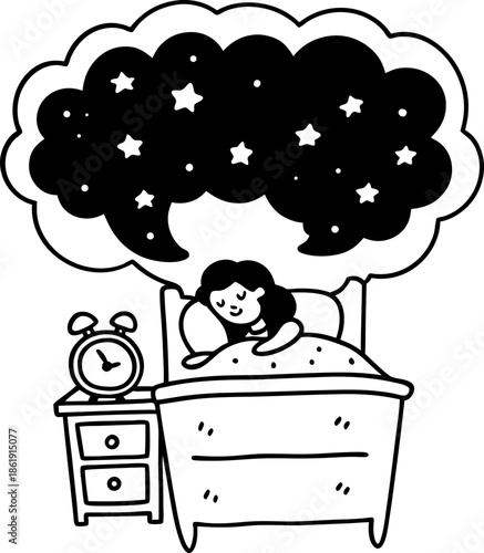 Sleeping woman dreaming of stars in peaceful night bedroom with alarm clock on bedside table