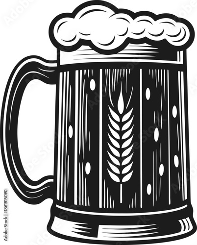 Vintage beer mug with frothy foam and wheat design, classic alcohol drink illustration