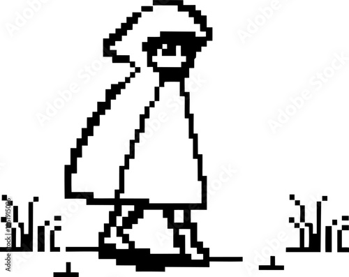 pixel art character walking in cloak and hood among grass in retro monochrome