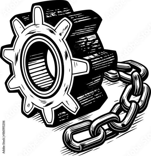 Heavy metal gear with chain link industrial cogwheel connected to sturdy chain, mechanical engineering and machinery concept
