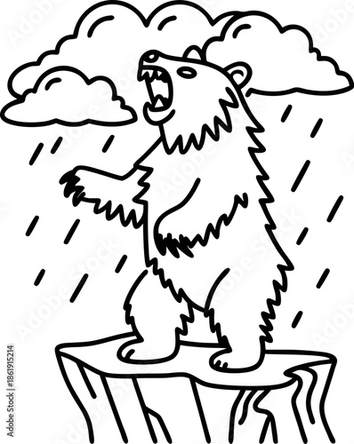 Angry roaring bear standing on cliff under rainy cloudy sky outline drawing