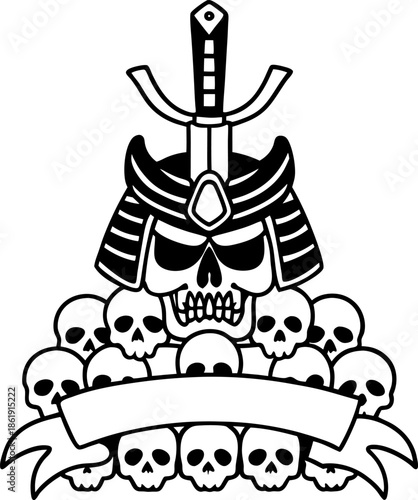 Samurai skull with sword and helmet surrounded by multiple smaller skulls and blank ribbon banner