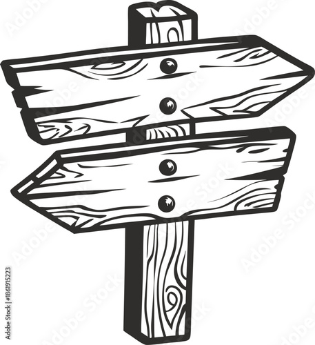 Wooden directional signpost with two arrow boards pointing opposite ways, hand drawn illustration