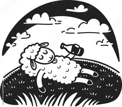 Sleeping sheep lying on grass under cloudy sky holding bottle in peaceful countryside scene