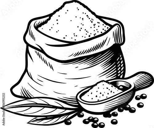 sack of spice powder with wooden scoop and scattered peppercorns, leaves detailed black and white drawing