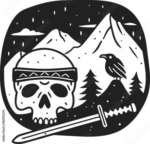 Skull with headband and katana sword in mountain landscape with pine trees and crow on rock silhouette
