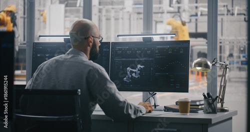 Two Professionals Working in Modern Industrial Control Room, With One Engineer Focused on Dual Monitors Displaying Automation Metrics. Data Analysis, and Robotics Management in Smart Manufacturing.