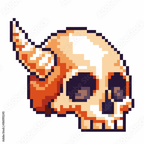 Pixel art skull with a single horn, retro gaming design, fantasy creature head illustration