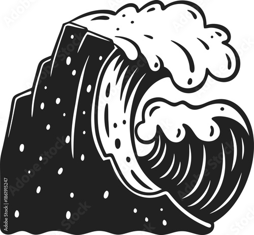 Black and white stylized ocean wave crashing with foam and splash, dynamic water movement illustration