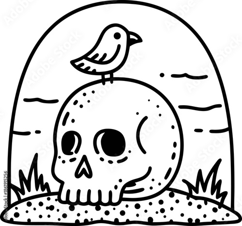Skull with bird on top, grave scenery with grass and dirt background, spooky and eerie illustration