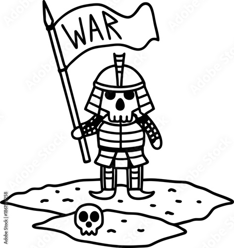 Skull warrior in armor holding a flag with war text standing on battlefield with a skull on the ground