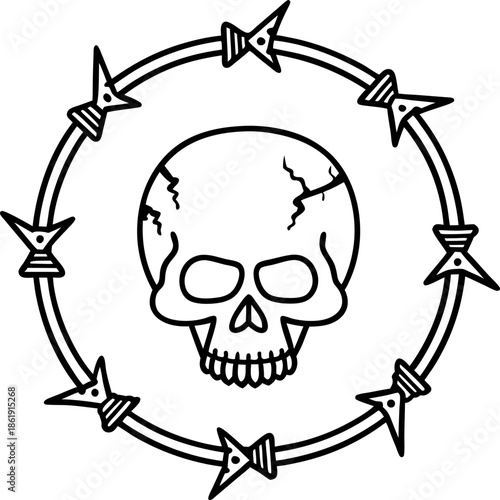 skull with cracks inside a circular barbed wire frame, danger and warning symbol concept