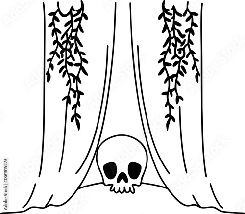 Skull hidden behind curtains with hanging vines dark mysterious horror decoration with gothic elements