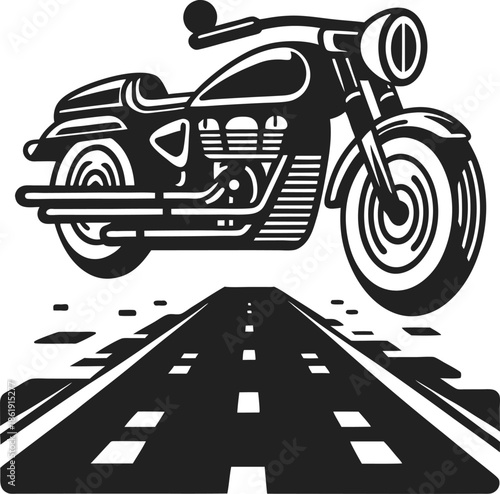 Retro motorcycle flying above open highway road, vintage bike silhouette with road perspective background