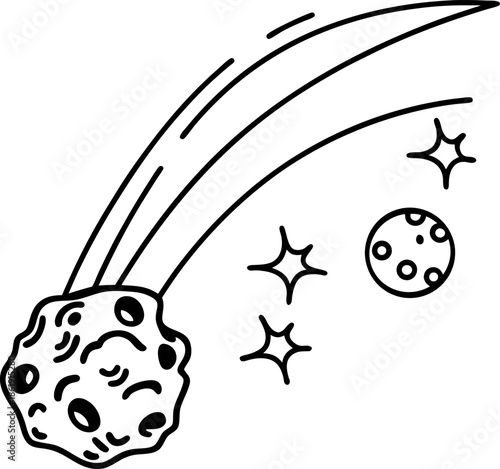 falling meteor with glowing tail in space near a cratered moon and bright shining stars