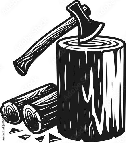Axe embedded in tree stump with chopped logs beside it, woodcutting and forestry illustration