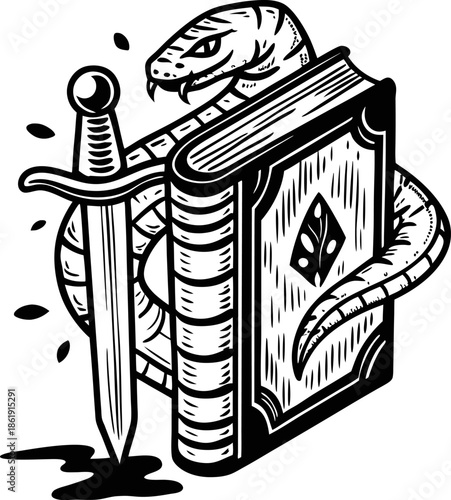 Snake wrapped around a book and sword with dripping liquid, symbolizing knowledge and danger